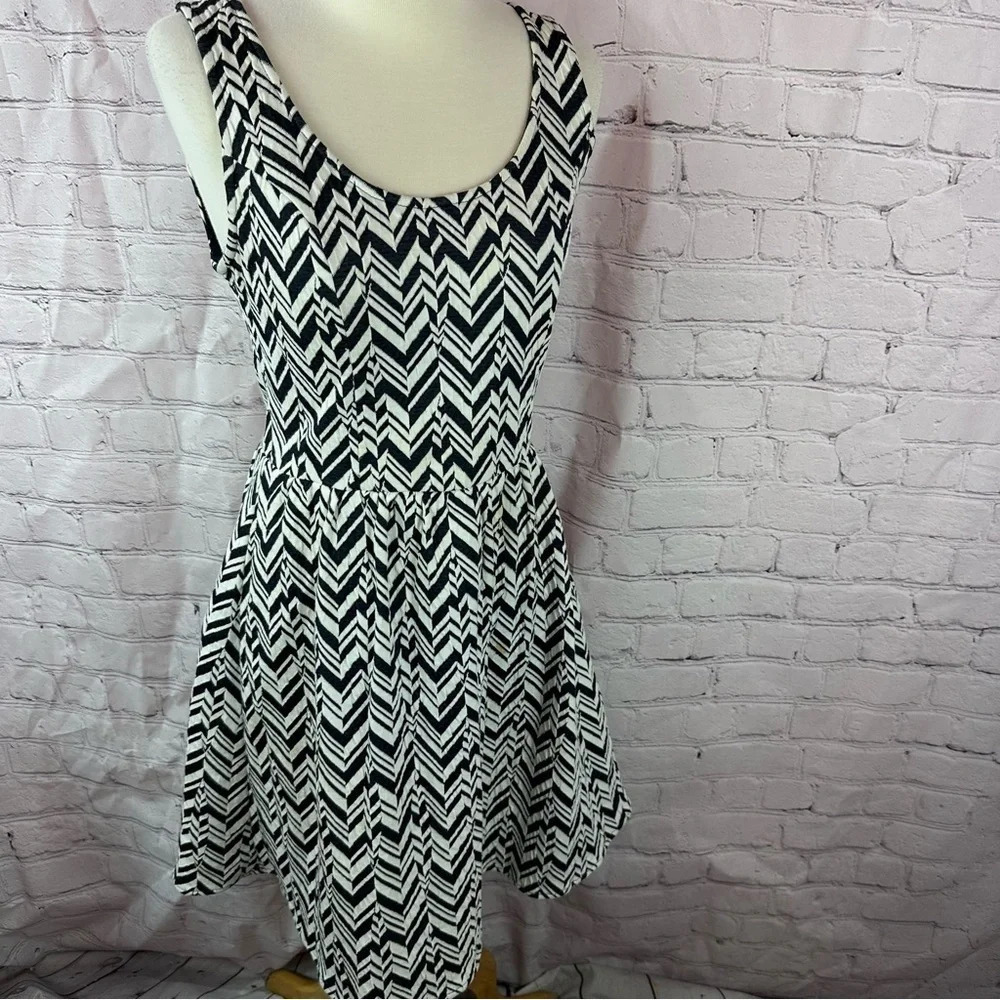 Maeve black white fit and flare sleeveless dress sz medium zig zag geometric